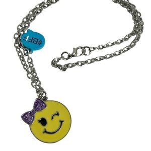 Emoji Pendant Necklace Cool Wink Glitter Bow Silver Tone Chain 16” Comment #BFF